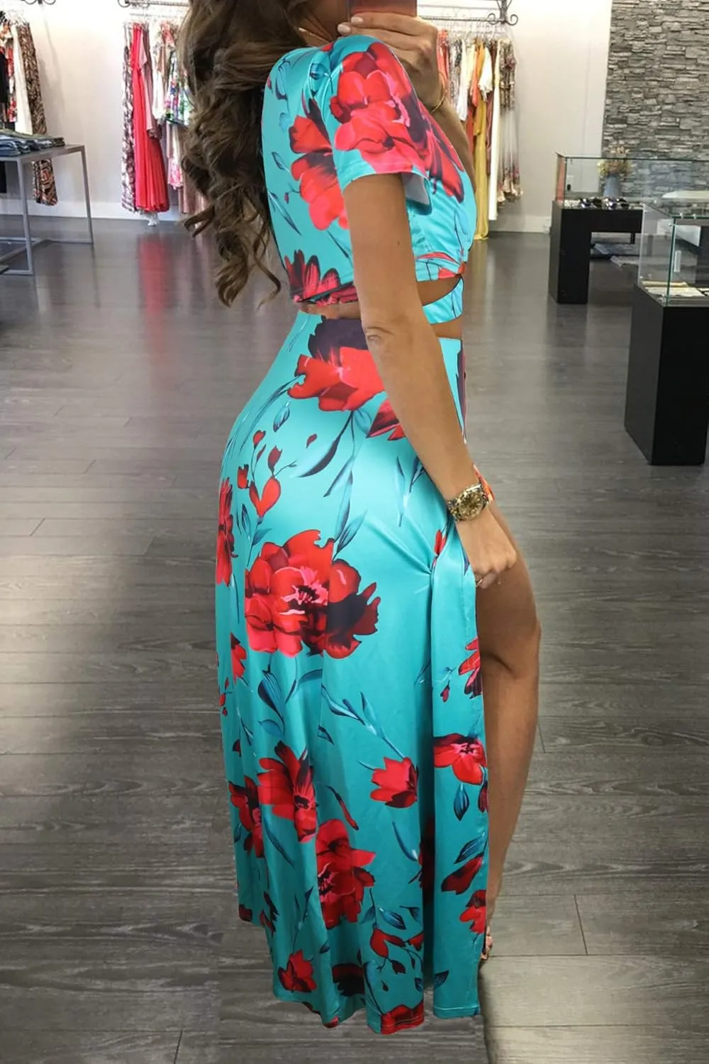 WOKANSE Women's Sexy 2 Piece Outfits Summer Beach Boho Floral Dress V Neck Crop Tops and High Split Maxi Skirt Sets