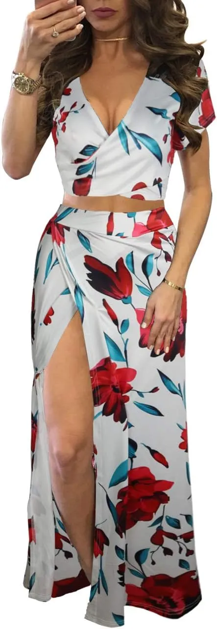 WOKANSE Women's Sexy 2 Piece Outfits Summer Beach Boho Floral Dress V Neck Crop Tops and High Split Maxi Skirt Sets