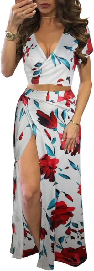 WOKANSE Women's Sexy 2 Piece Outfits Summer Beach Boho Floral Dress V Neck Crop Tops and High Split Maxi Skirt Sets