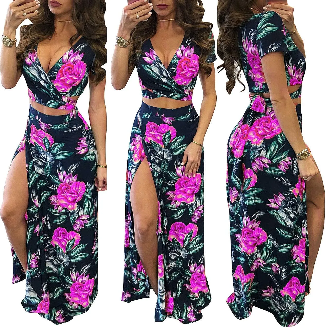 WOKANSE Women's Sexy 2 Piece Outfits Summer Beach Boho Floral Dress V Neck Crop Tops and High Split Maxi Skirt Sets