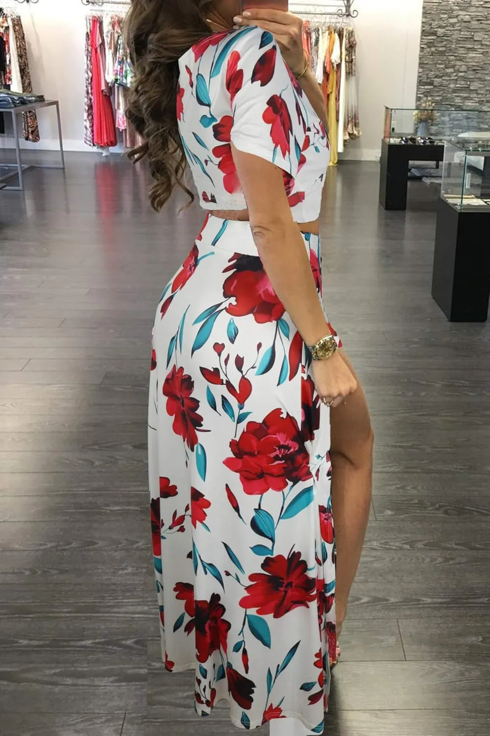 WOKANSE Women's Sexy 2 Piece Outfits Summer Beach Boho Floral Dress V Neck Crop Tops and High Split Maxi Skirt Sets