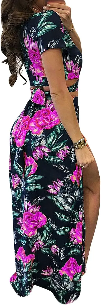 WOKANSE Women's Sexy 2 Piece Outfits Summer Beach Boho Floral Dress V Neck Crop Tops and High Split Maxi Skirt Sets
