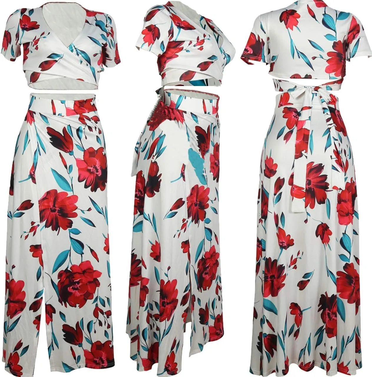 WOKANSE Women's Sexy 2 Piece Outfits Summer Beach Boho Floral Dress V Neck Crop Tops and High Split Maxi Skirt Sets