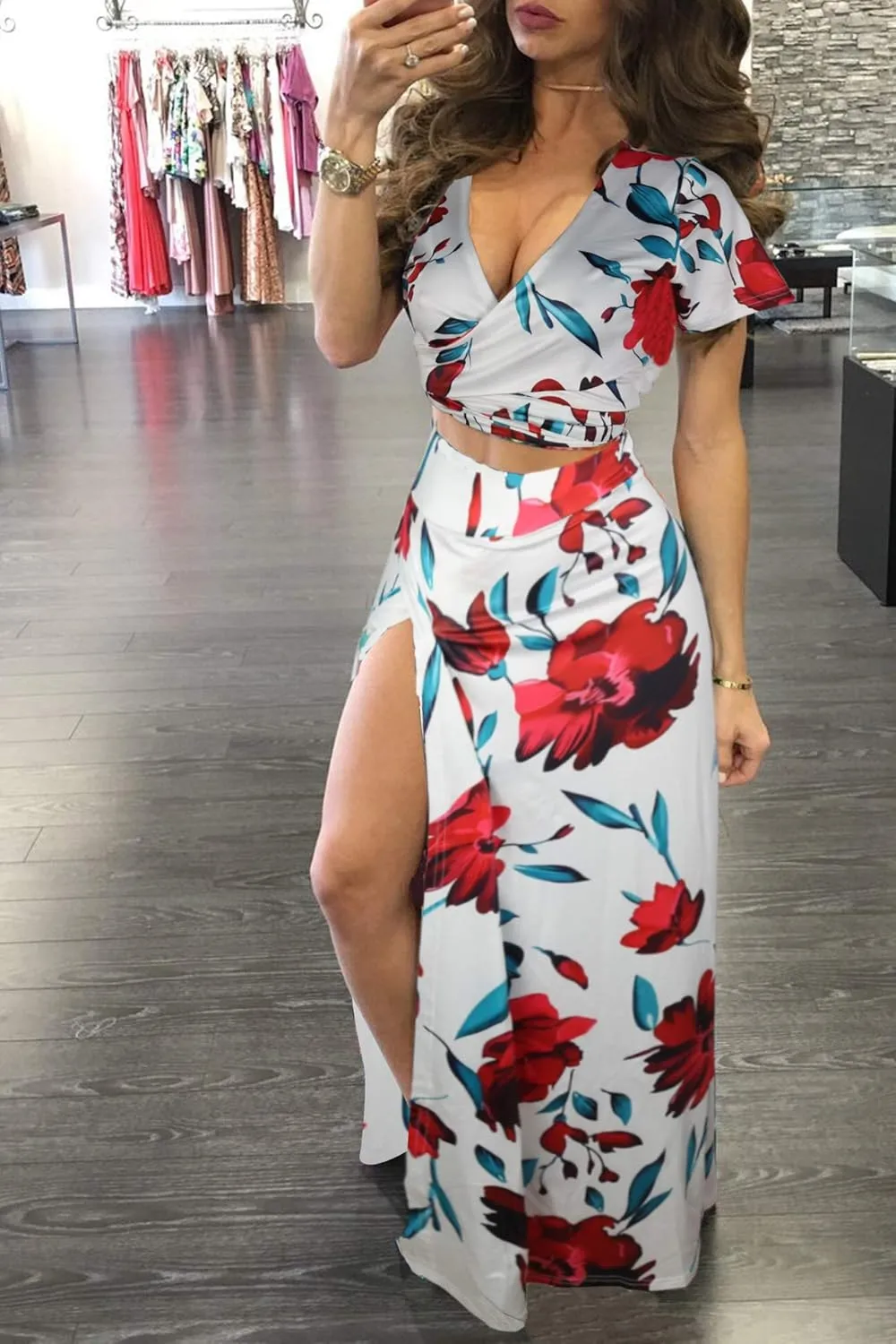 WOKANSE Women's Sexy 2 Piece Outfits Summer Beach Boho Floral Dress V Neck Crop Tops and High Split Maxi Skirt Sets