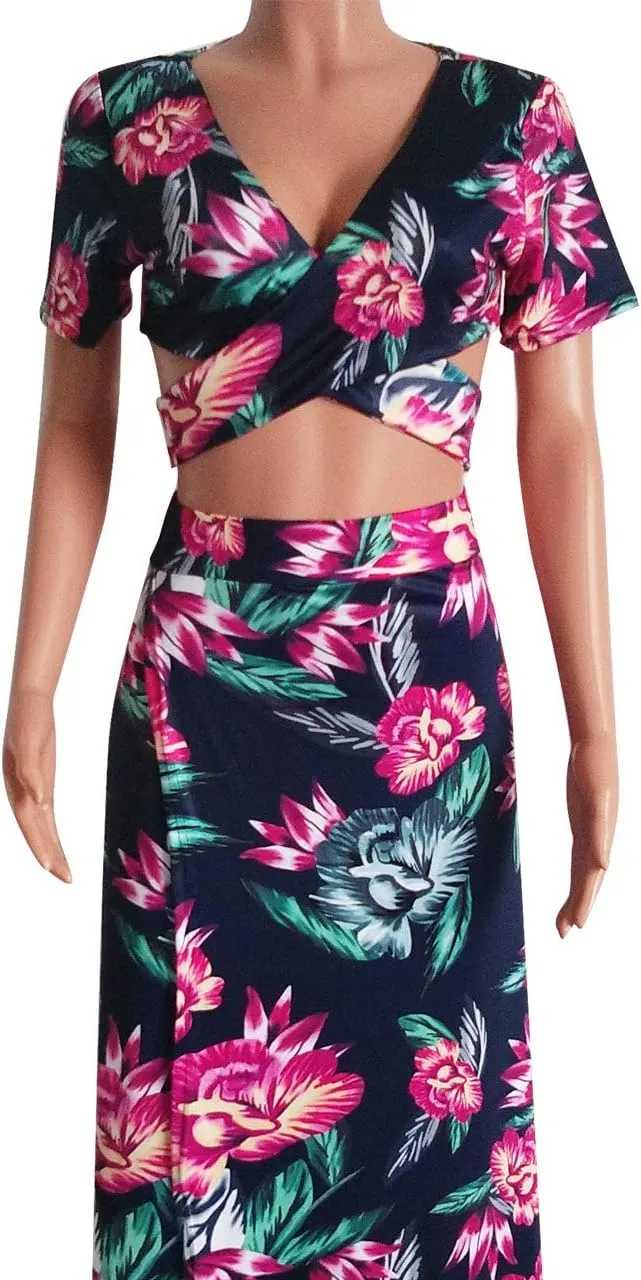 WOKANSE Women's Sexy 2 Piece Outfits Summer Beach Boho Floral Dress V Neck Crop Tops and High Split Maxi Skirt Sets