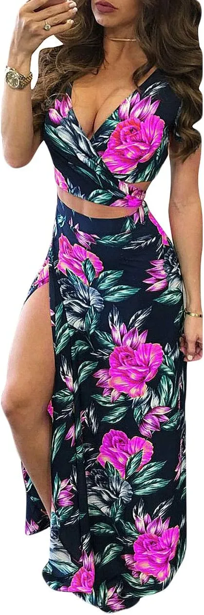 WOKANSE Women's Sexy 2 Piece Outfits Summer Beach Boho Floral Dress V Neck Crop Tops and High Split Maxi Skirt Sets