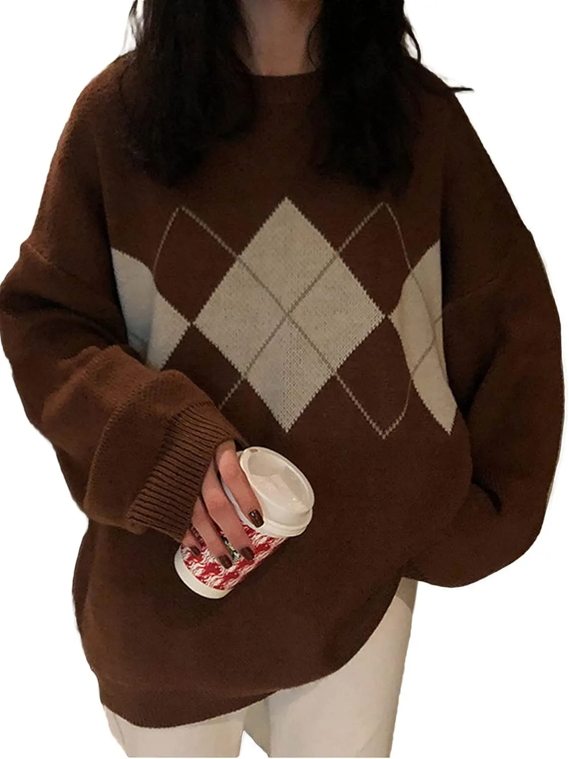 Women Argyle Plaid Oversized Sweater Dark Academia Clothing Y2k Vintage Aesthetic Pullover Top Harajuku Preppy Clothes