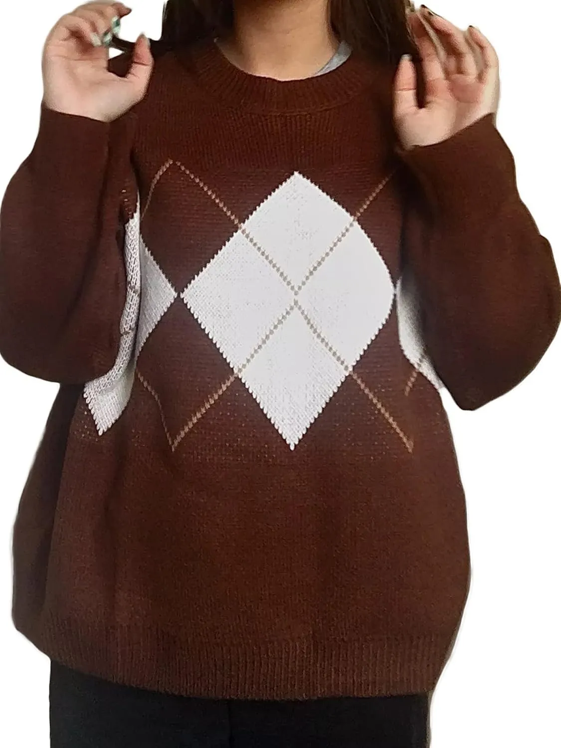 Women Argyle Plaid Oversized Sweater Dark Academia Clothing Y2k Vintage Aesthetic Pullover Top Harajuku Preppy Clothes