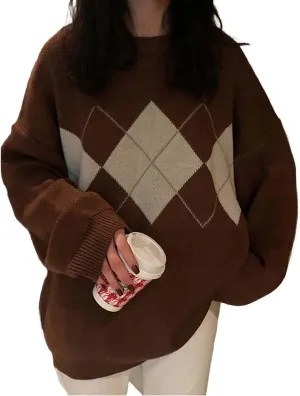 Women Argyle Plaid Oversized Sweater Dark Academia Clothing Y2k Vintage Aesthetic Pullover Top Harajuku Preppy Clothes