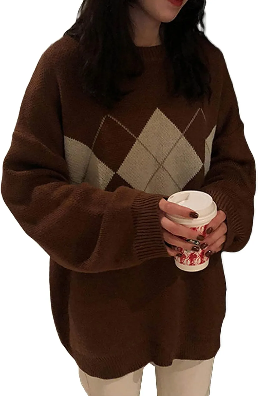 Women Argyle Plaid Oversized Sweater Dark Academia Clothing Y2k Vintage Aesthetic Pullover Top Harajuku Preppy Clothes