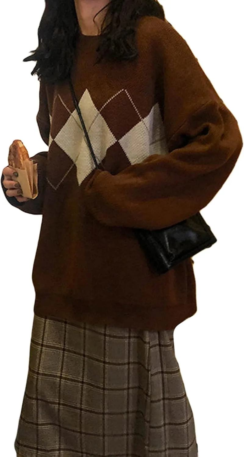 Women Argyle Plaid Oversized Sweater Dark Academia Clothing Y2k Vintage Aesthetic Pullover Top Harajuku Preppy Clothes