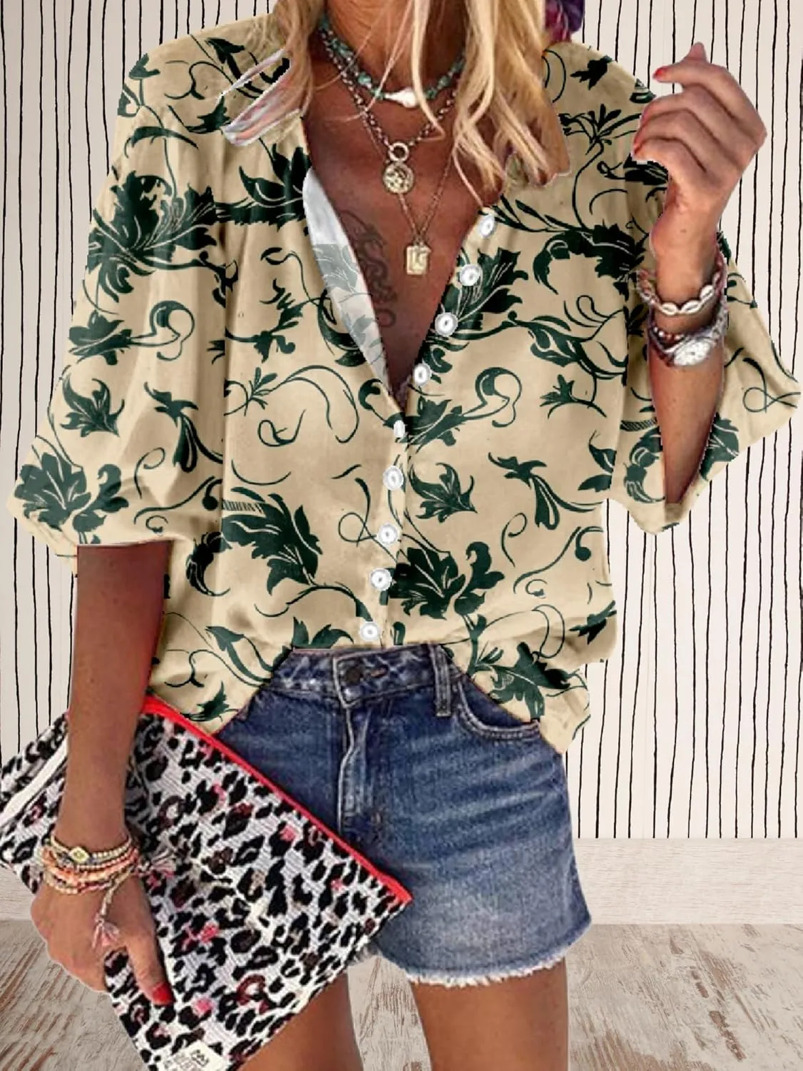 Women Blouse Button Up V Neck 3/4 Lantern Sleeve Floral Print Boho Tunic Tops Dressy Casua Shirts