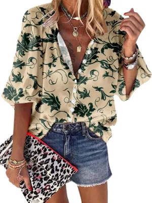 Women Blouse Button Up V Neck 3/4 Lantern Sleeve Floral Print Boho Tunic Tops Dressy Casua Shirts