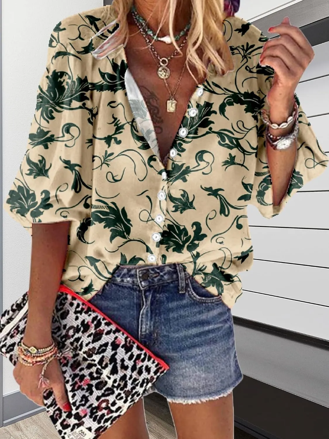 Women Blouse Button Up V Neck 3/4 Lantern Sleeve Floral Print Boho Tunic Tops Dressy Casua Shirts