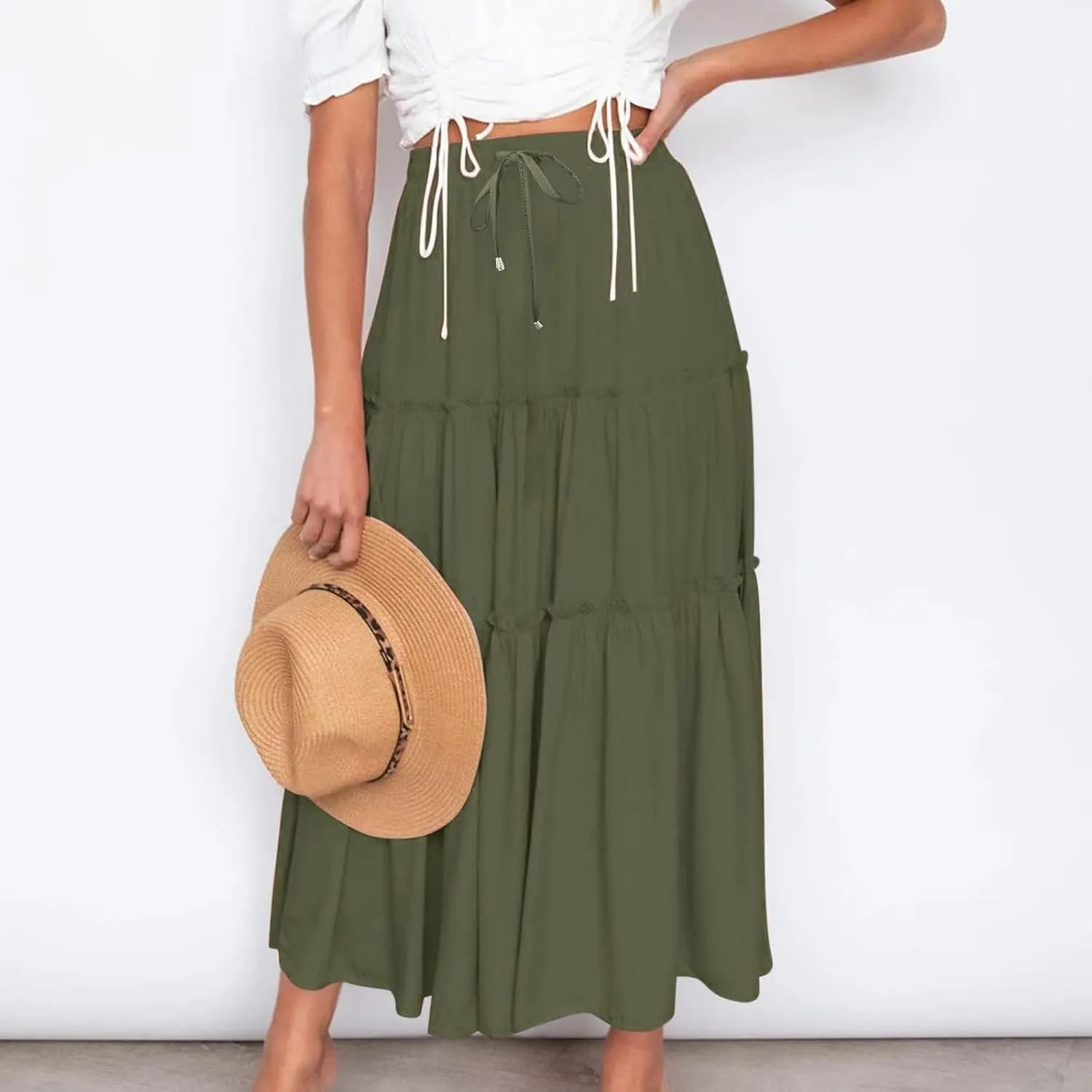 Women High Waist Casual Maxi Skirts Elastic Drawstring Pleated Long Skirt Loose Swing Beach Boho Skirt Half Dress