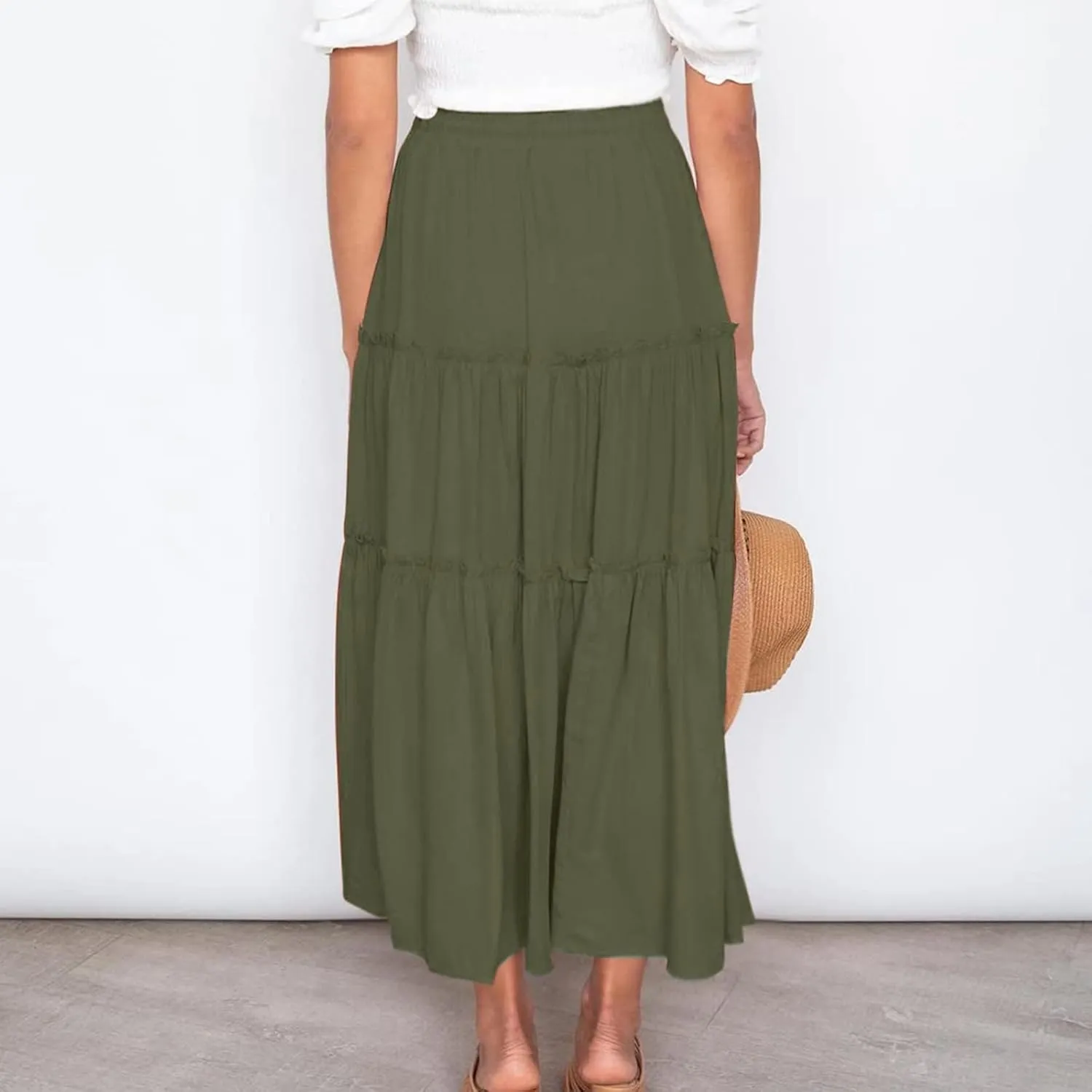 Women High Waist Casual Maxi Skirts Elastic Drawstring Pleated Long Skirt Loose Swing Beach Boho Skirt Half Dress
