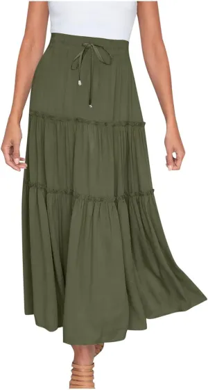 Women High Waist Casual Maxi Skirts Elastic Drawstring Pleated Long Skirt Loose Swing Beach Boho Skirt Half Dress