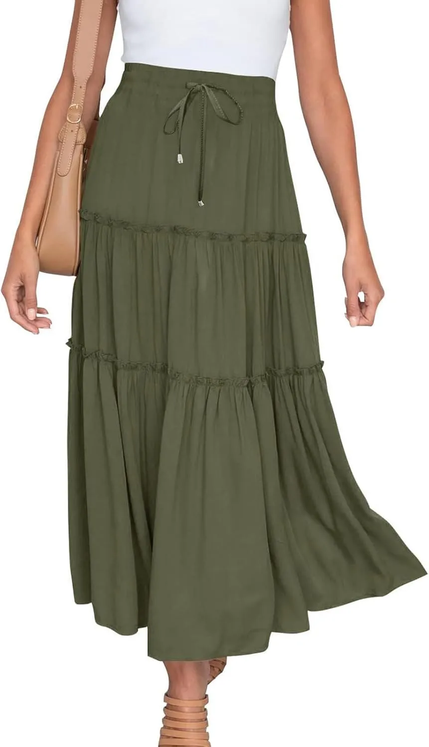 Women High Waist Casual Maxi Skirts Elastic Drawstring Pleated Long Skirt Loose Swing Beach Boho Skirt Half Dress
