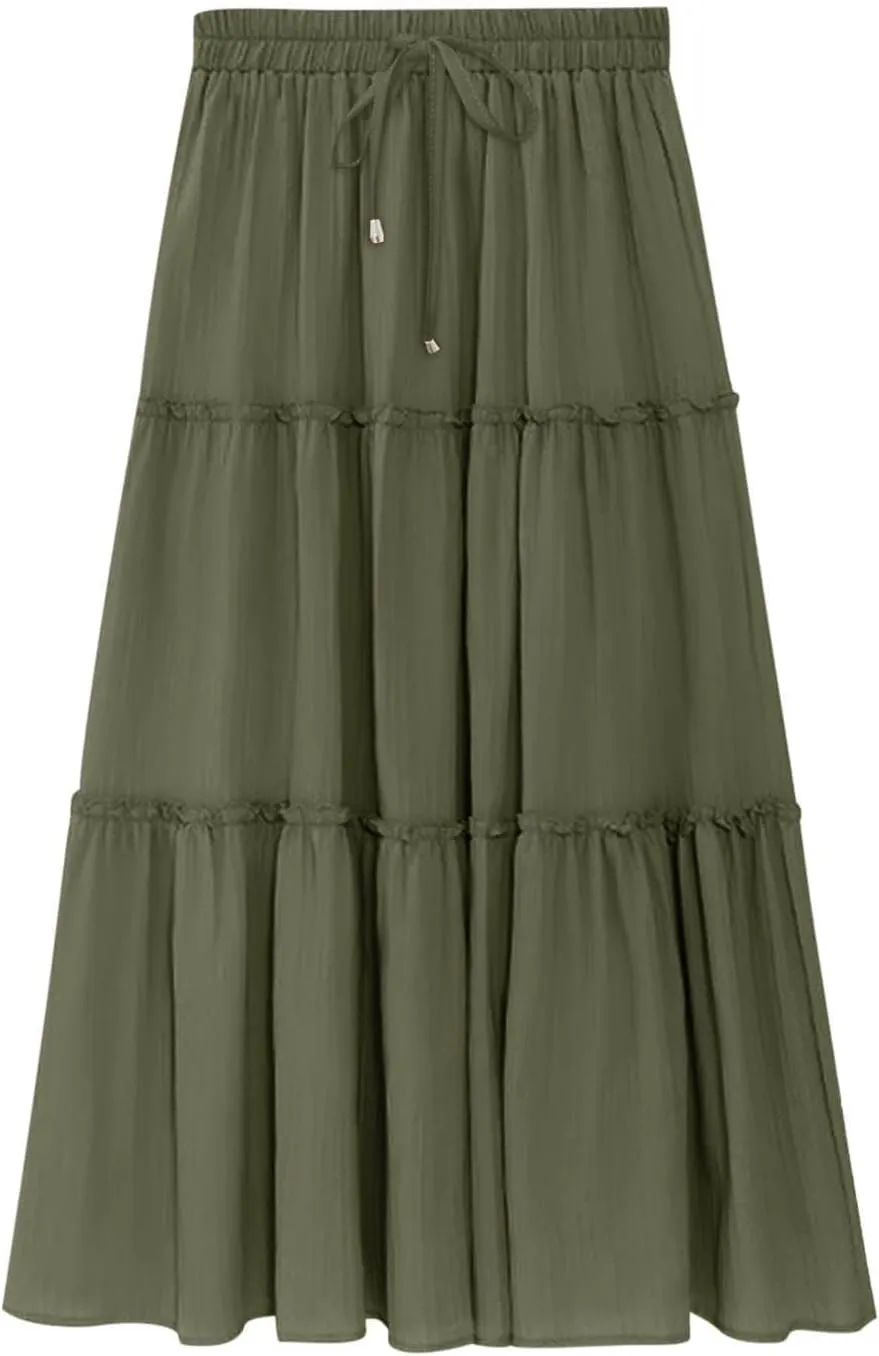 Women High Waist Casual Maxi Skirts Elastic Drawstring Pleated Long Skirt Loose Swing Beach Boho Skirt Half Dress