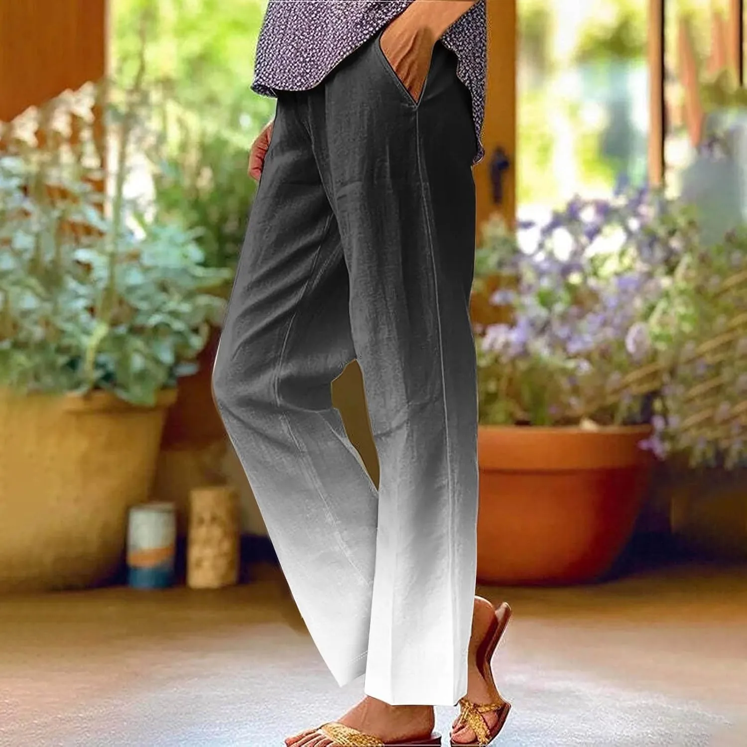 Women Linen Pants Loose Pocket Casual Cotton and Linen Pants Flowy Wide Leg Beach Trousers with Pockets Linen Capris
