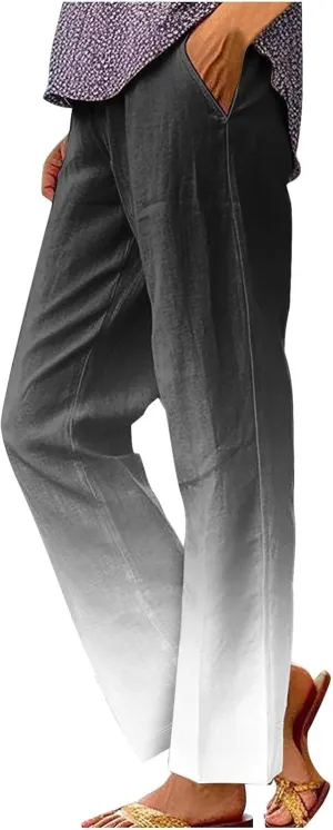 Women Linen Pants Loose Pocket Casual Cotton and Linen Pants Flowy Wide Leg Beach Trousers with Pockets Linen Capris