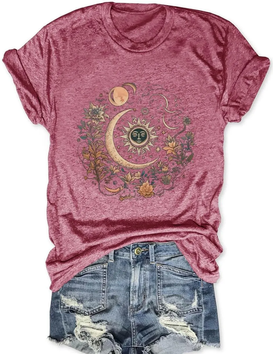 Women Mystical Moon and Sun Flower Shirt Vintage Wildflower T Shirts Boho Graphic Tees Short Sleeve Celestial Moon Tops