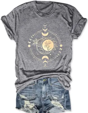 Women Mystical Moon and Sun Flower Shirt Vintage Wildflower T Shirts Boho Graphic Tees Short Sleeve Celestial Moon Tops