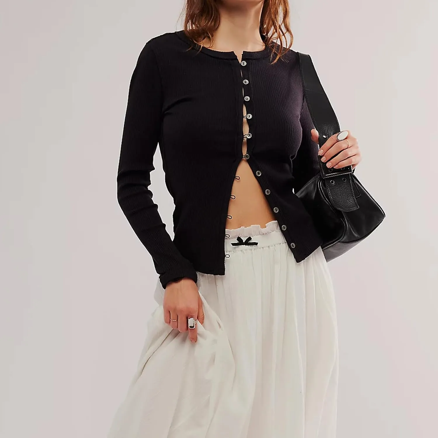 Women Slim Fitted Cardigan Button Down Long Sleeve Ribbed Knit Shirt Y2k Solid Casual Tops