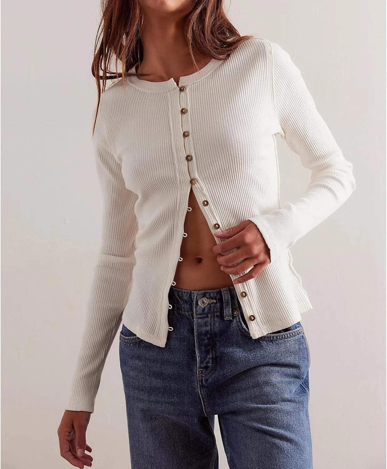 Women Slim Fitted Cardigan Button Down Long Sleeve Ribbed Knit Shirt Y2k Solid Casual Tops
