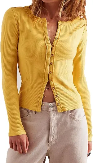 Women Slim Fitted Cardigan Button Down Long Sleeve Ribbed Knit Shirt Y2k Solid Casual Tops