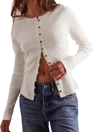 Women Slim Fitted Cardigan Button Down Long Sleeve Ribbed Knit Shirt Y2k Solid Casual Tops