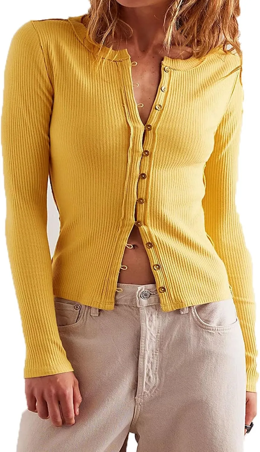 Women Slim Fitted Cardigan Button Down Long Sleeve Ribbed Knit Shirt Y2k Solid Casual Tops