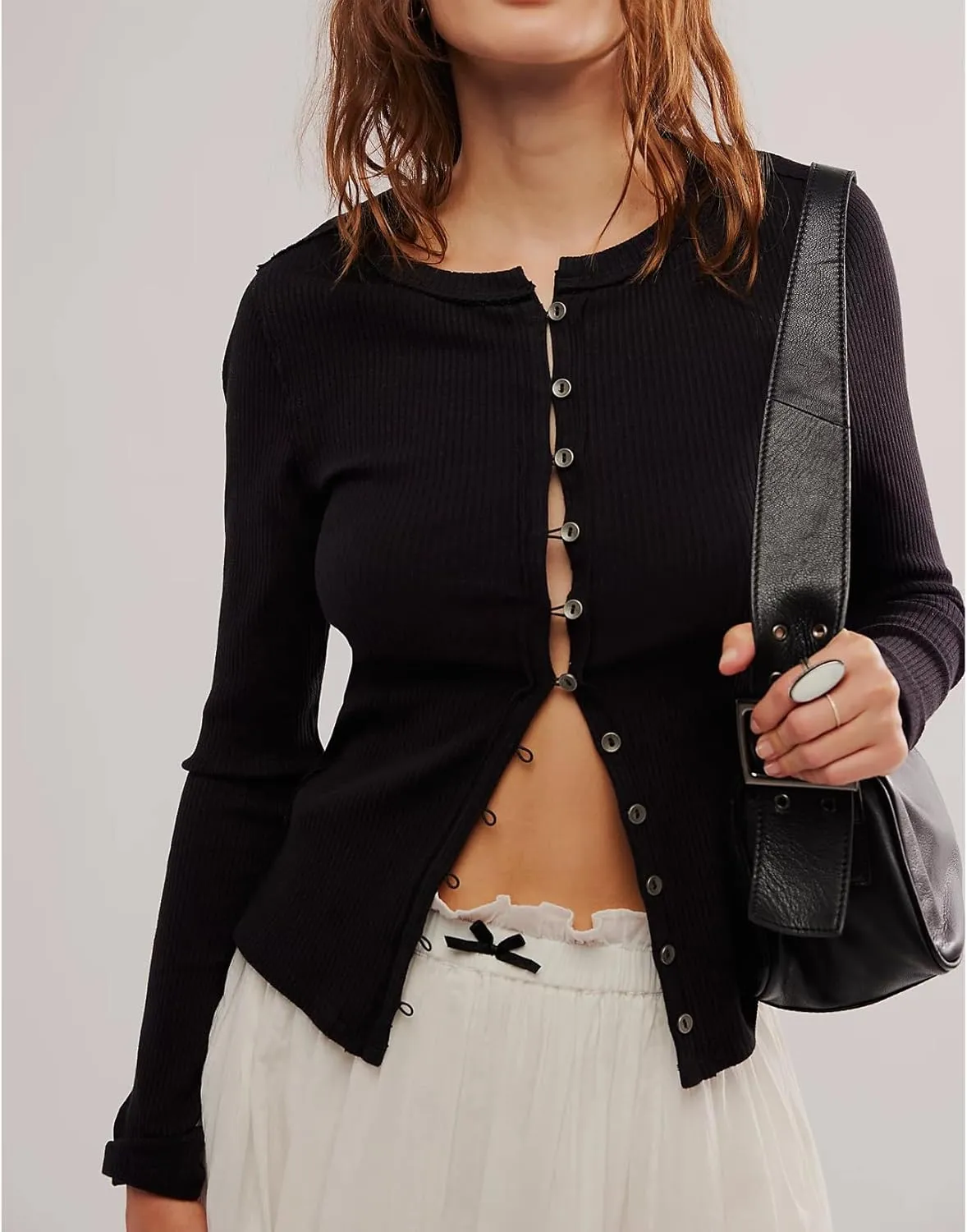 Women Slim Fitted Cardigan Button Down Long Sleeve Ribbed Knit Shirt Y2k Solid Casual Tops