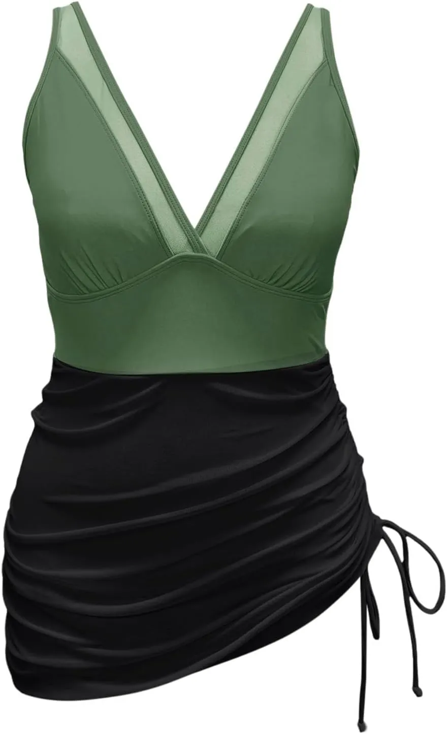 Women Slimming Full Coverage Bathing Suit Mesh Swimswear Women Summer Dresses Casual Boho Sundress Beach Smocked