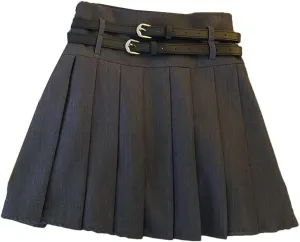Women Summer High Waist Casual Mini Skirt Solid with Double Belt Pleated A Line Skirts
