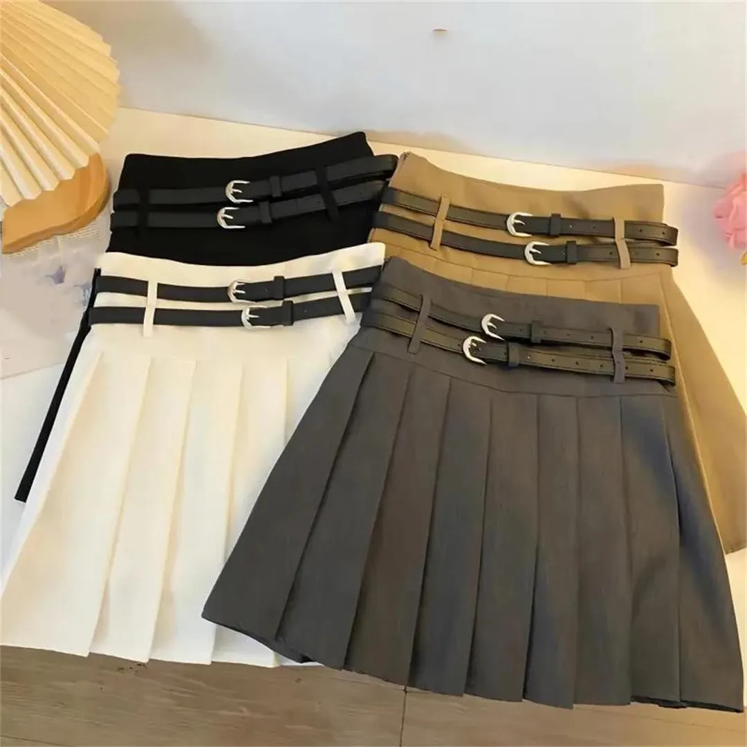 Women Summer High Waist Casual Mini Skirt Solid with Double Belt Pleated A Line Skirts