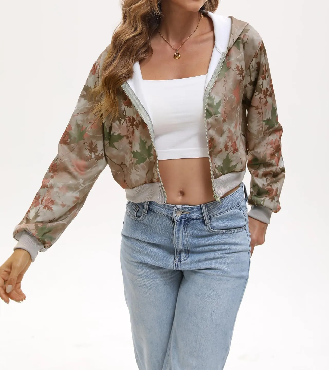 Women Y2k Maple Leaf Camo Zip Up Crop Hoodie Jacket Floral Print Fleece Hooded Sweatshirts Jumper Fall Workout