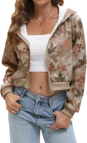 Women Y2k Maple Leaf Camo Zip Up Crop Hoodie Jacket Floral Print Fleece Hooded Sweatshirts Jumper Fall Workout