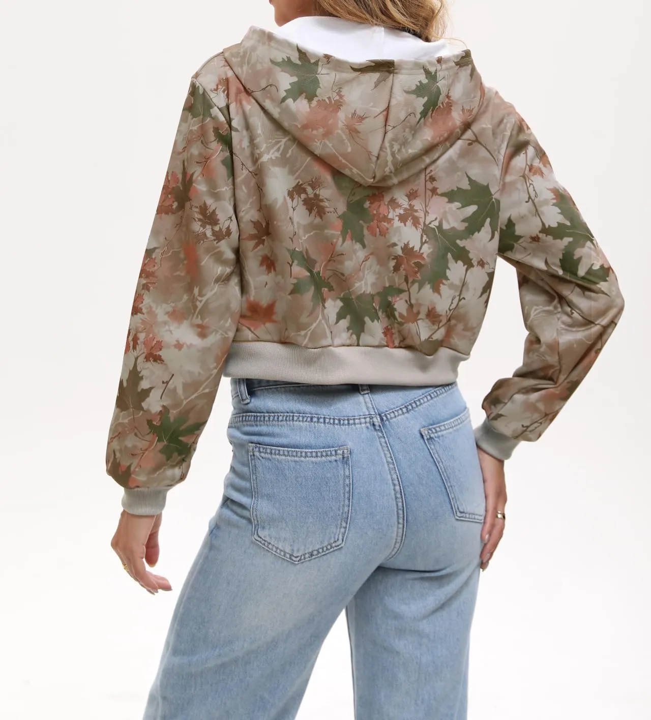 Women Y2k Maple Leaf Camo Zip Up Crop Hoodie Jacket Floral Print Fleece Hooded Sweatshirts Jumper Fall Workout