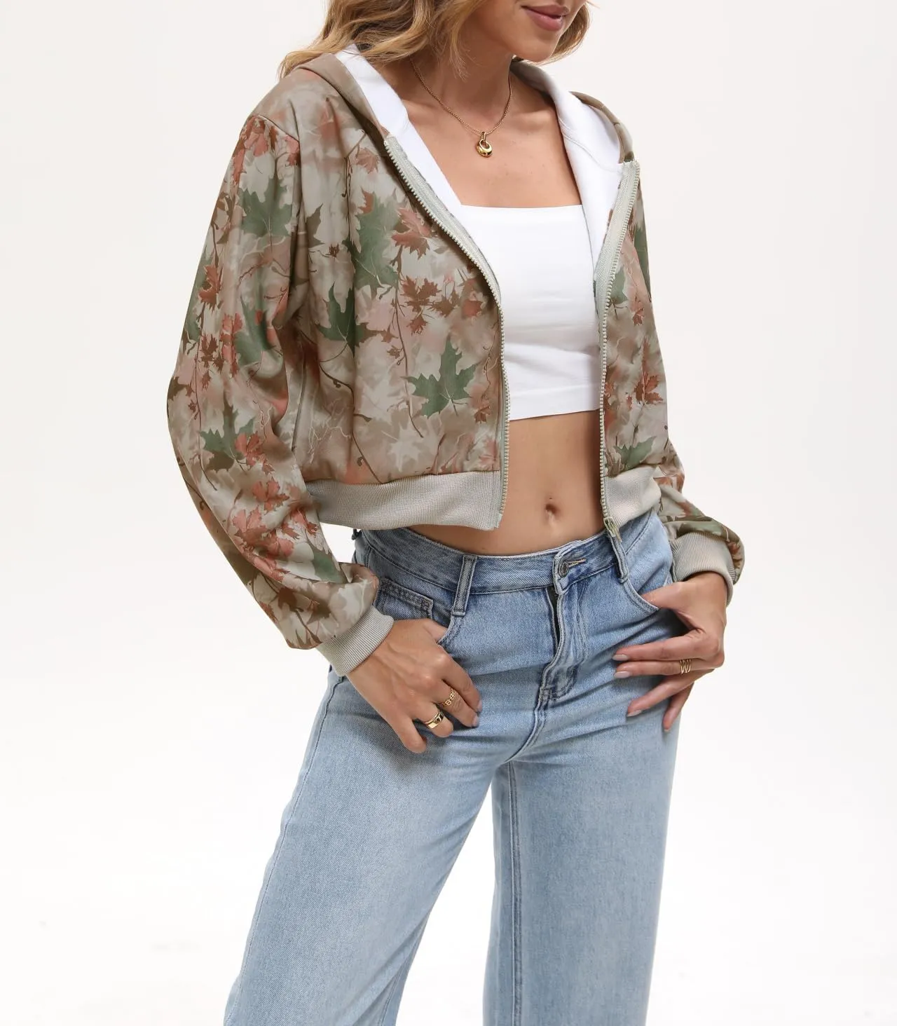 Women Y2k Maple Leaf Camo Zip Up Crop Hoodie Jacket Floral Print Fleece Hooded Sweatshirts Jumper Fall Workout