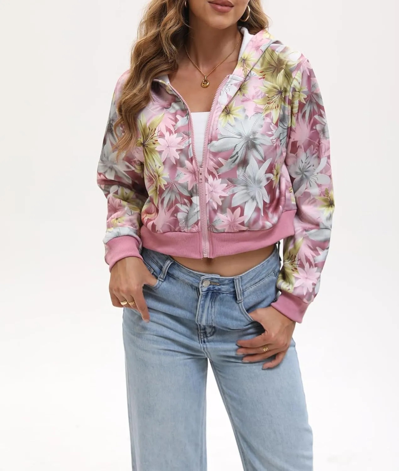Women Y2k Maple Leaf Camo Zip Up Crop Hoodie Jacket Floral Print Fleece Hooded Sweatshirts Jumper Fall Workout