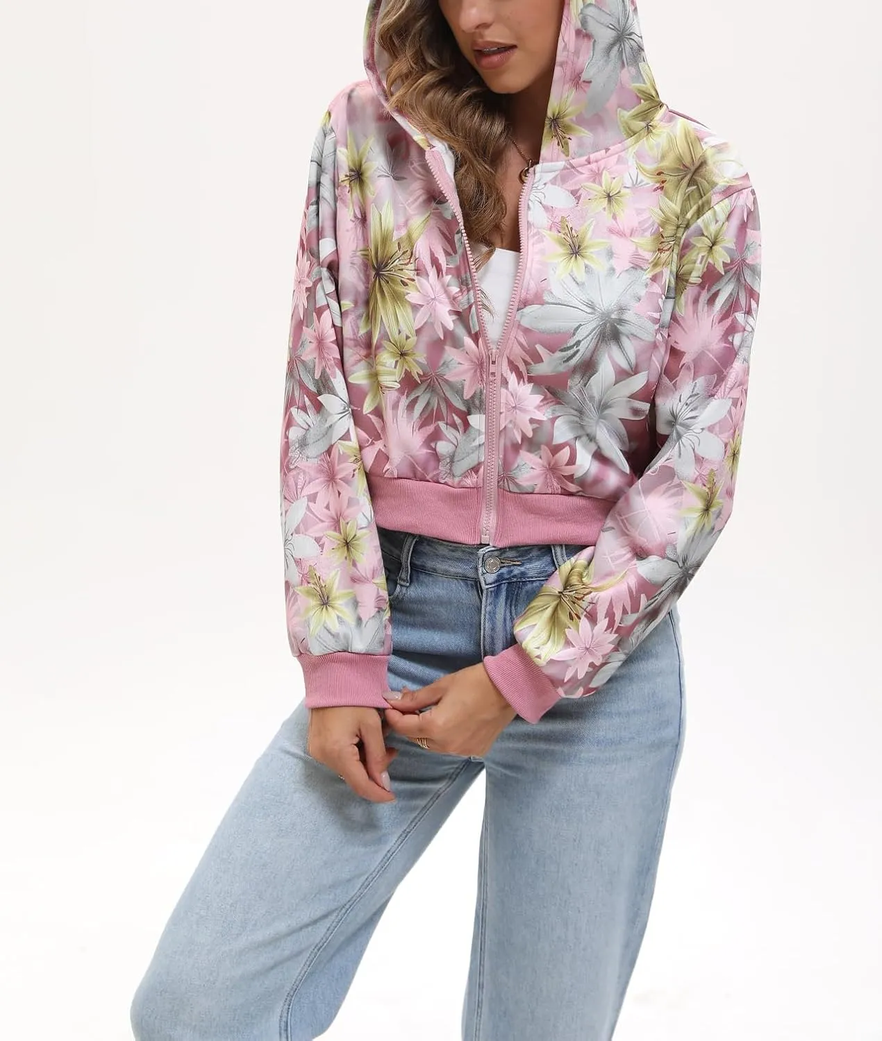 Women Y2k Maple Leaf Camo Zip Up Crop Hoodie Jacket Floral Print Fleece Hooded Sweatshirts Jumper Fall Workout