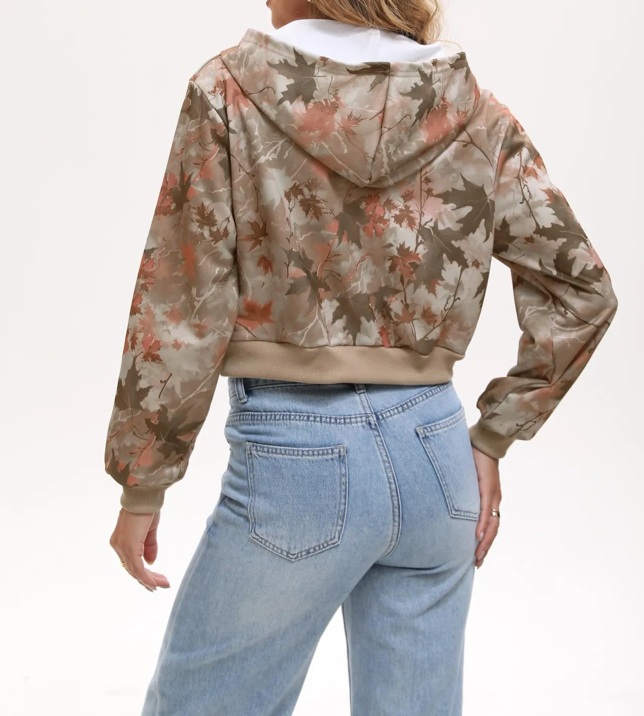 Women Y2k Maple Leaf Camo Zip Up Crop Hoodie Jacket Floral Print Fleece Hooded Sweatshirts Jumper Fall Workout