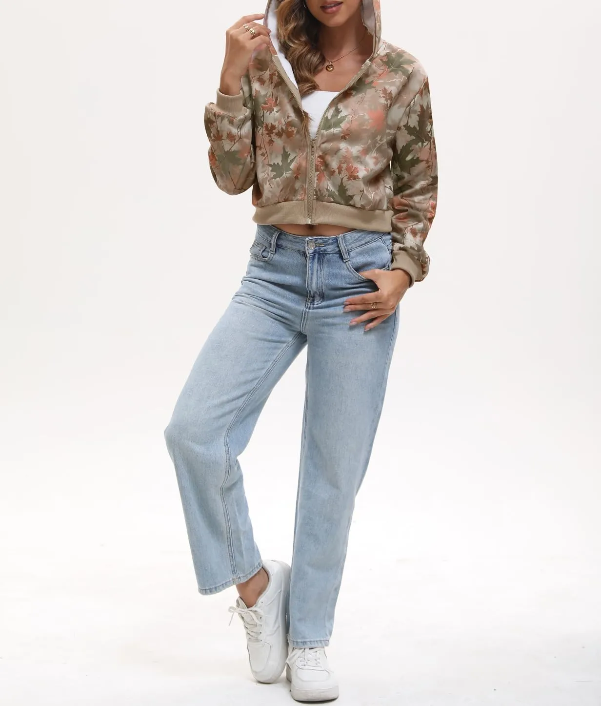 Women Y2k Maple Leaf Camo Zip Up Crop Hoodie Jacket Floral Print Fleece Hooded Sweatshirts Jumper Fall Workout