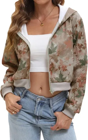 Women Y2k Maple Leaf Camo Zip Up Crop Hoodie Jacket Floral Print Fleece Hooded Sweatshirts Jumper Fall Workout
