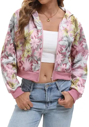 Women Y2k Maple Leaf Camo Zip Up Crop Hoodie Jacket Floral Print Fleece Hooded Sweatshirts Jumper Fall Workout