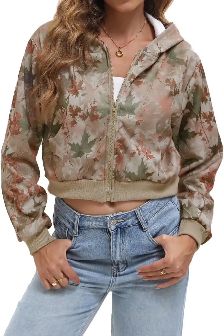 Women Y2k Maple Leaf Camo Zip Up Crop Hoodie Jacket Floral Print Fleece Hooded Sweatshirts Jumper Fall Workout