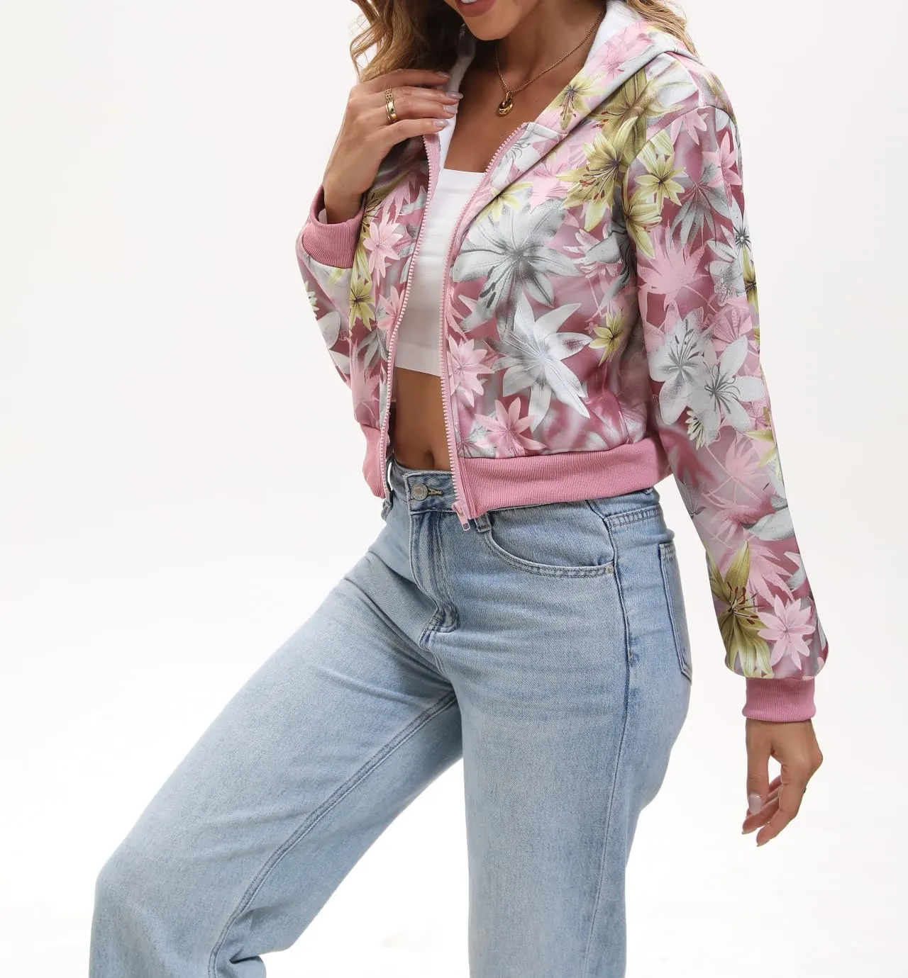 Women Y2k Maple Leaf Camo Zip Up Crop Hoodie Jacket Floral Print Fleece Hooded Sweatshirts Jumper Fall Workout