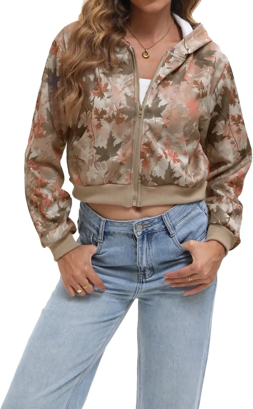 Women Y2k Maple Leaf Camo Zip Up Crop Hoodie Jacket Floral Print Fleece Hooded Sweatshirts Jumper Fall Workout