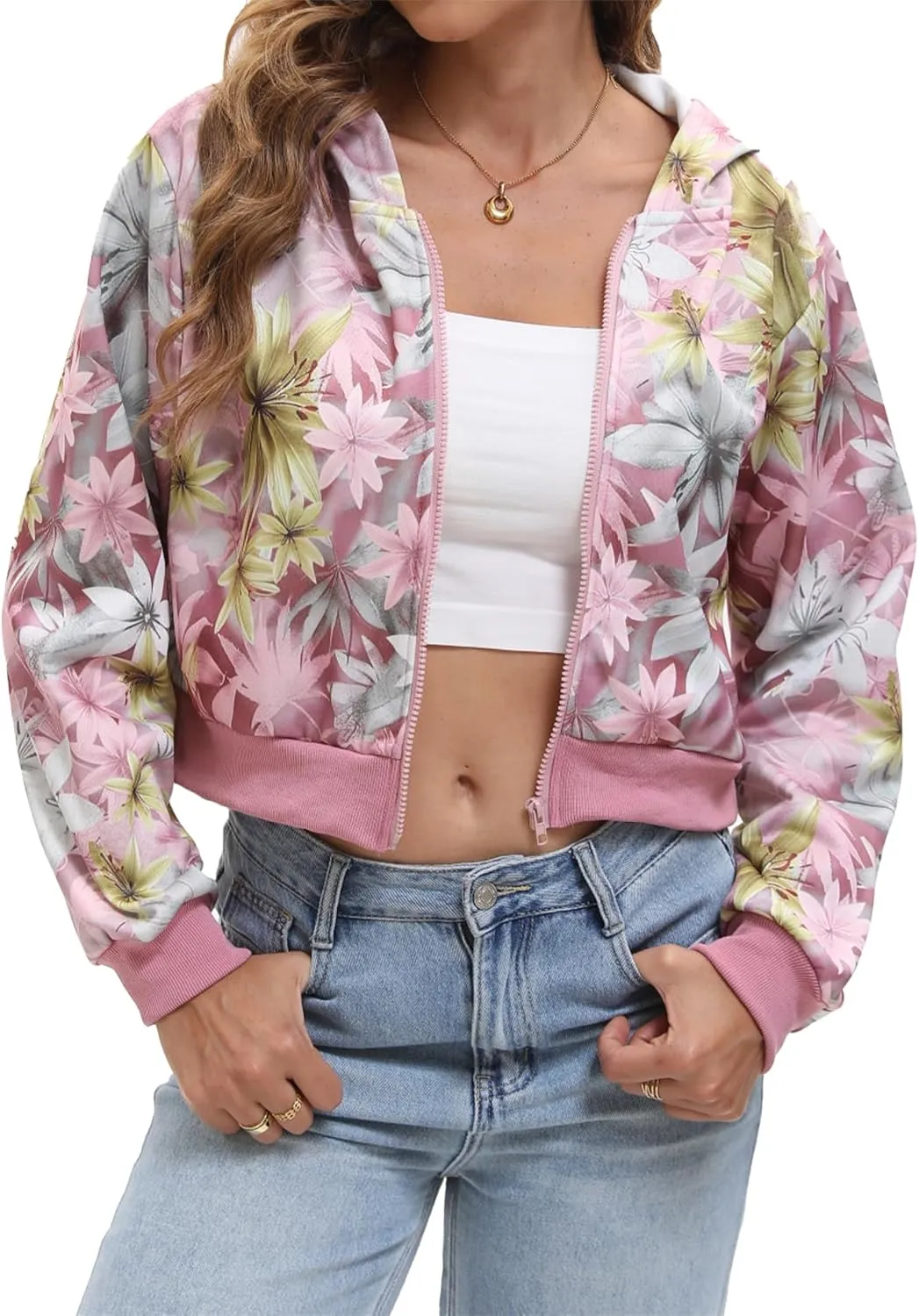 Women Y2k Maple Leaf Camo Zip Up Crop Hoodie Jacket Floral Print Fleece Hooded Sweatshirts Jumper Fall Workout